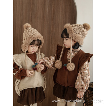 Girls' Knitted Casual Jacket With Wooden Ears